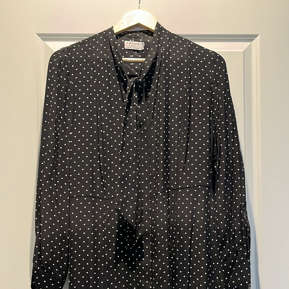 EUC - Frame polkadot shirtdress. Size small. Never worn. Front slits. Tie neck.